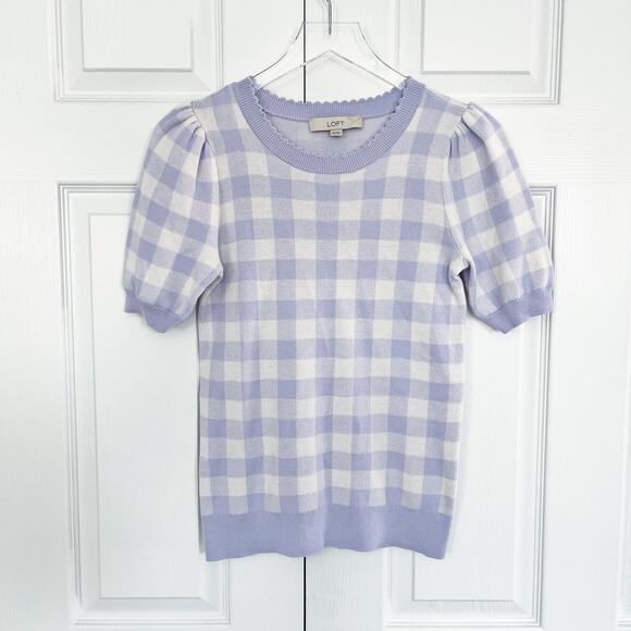 LOFT Sweaters - Ann Taylor LOFT Purple Gingham Puff Short Sleeve Sweater